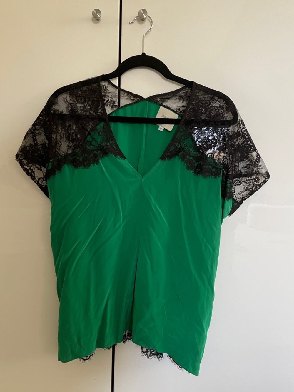 Romantic Mason Revolve Emerald Green Silk Black Lace Top Blouse 4